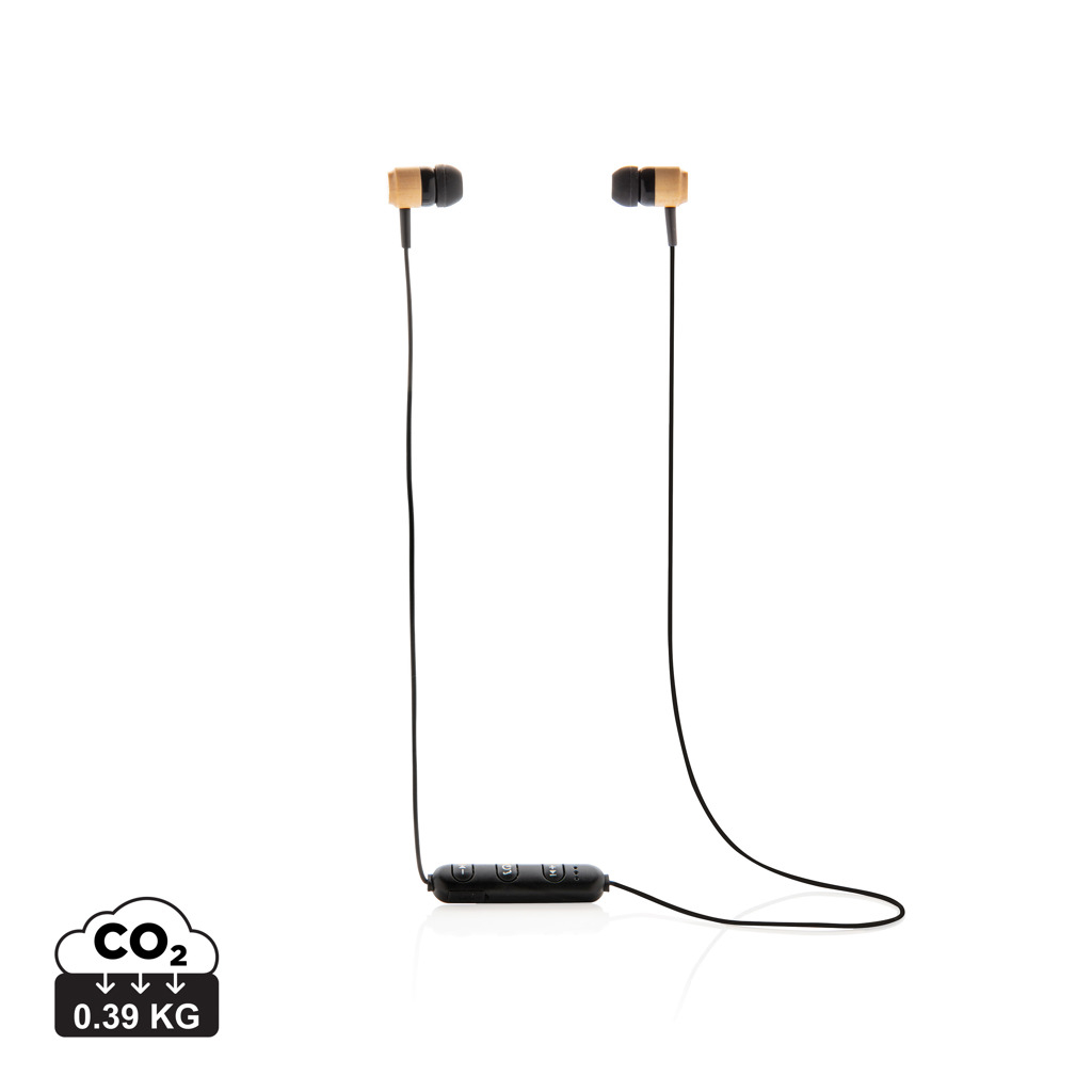 Écouteurs Bluetooth bambou publicitaire Marron et Noir
